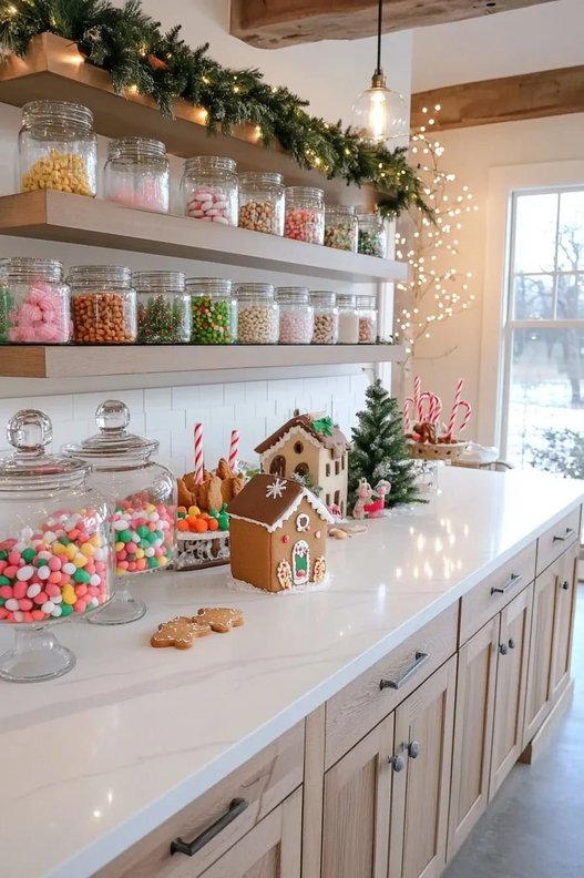 Glass jars filled with peppermint candies and wrapped in burlap on a shelf.