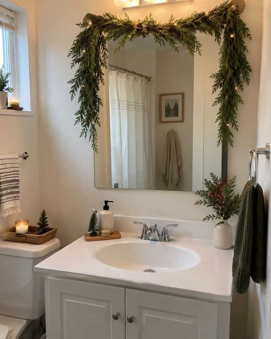 Mirrored surface with draped cedar garland, warm bulbs, rustic wood frame, holiday glow