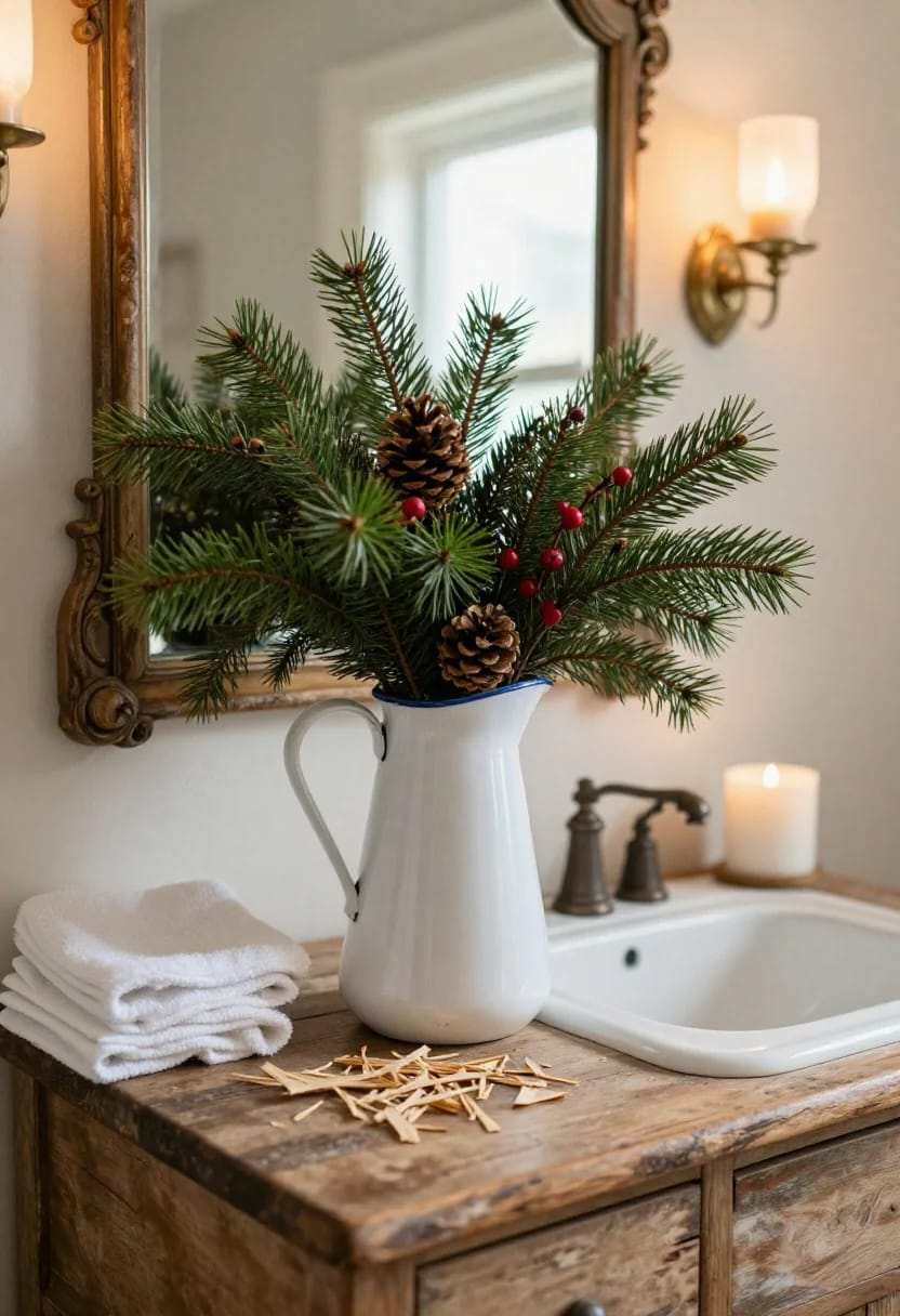 Enamel pitcher with cedar, white bathroom, rustic holiday accent, warm tones