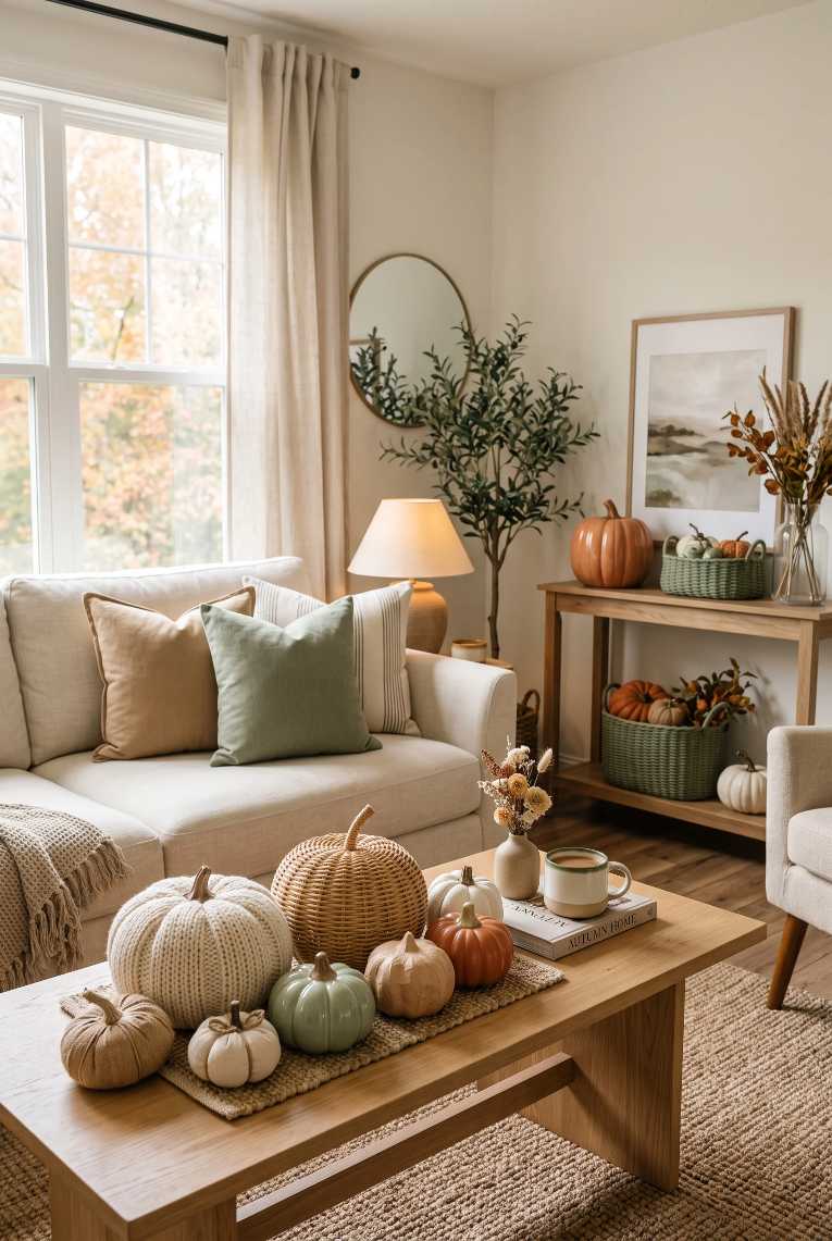 Knit pumpkins and smooth ceramic gourds on wooden coffee table cozy living room setting