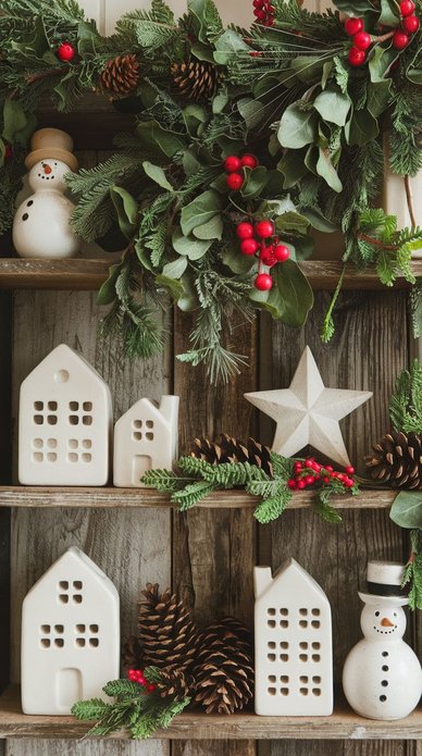 Wooden shelf with ceramic village houses and snowmen, creating a miniature winter landscape.