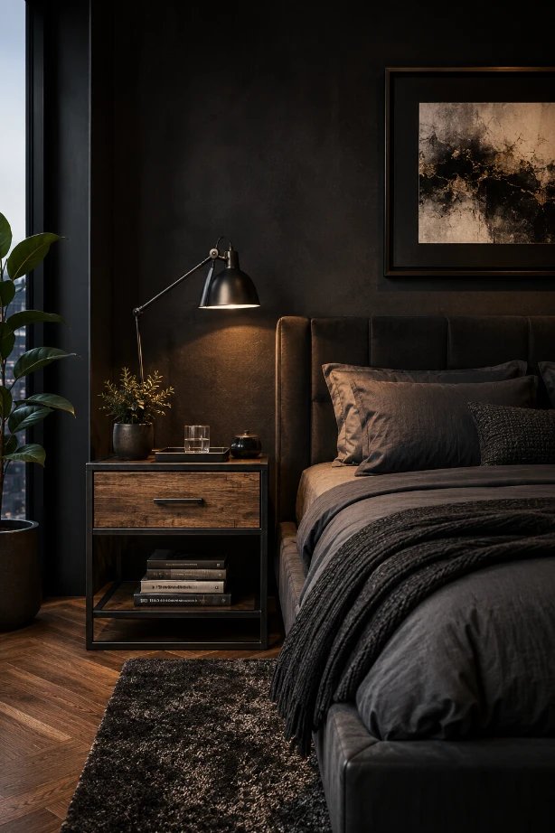 Charcoal bedroom showcasing a black metal bed, natural wood nightstand, and a swinging arc lamp with warm lighting.