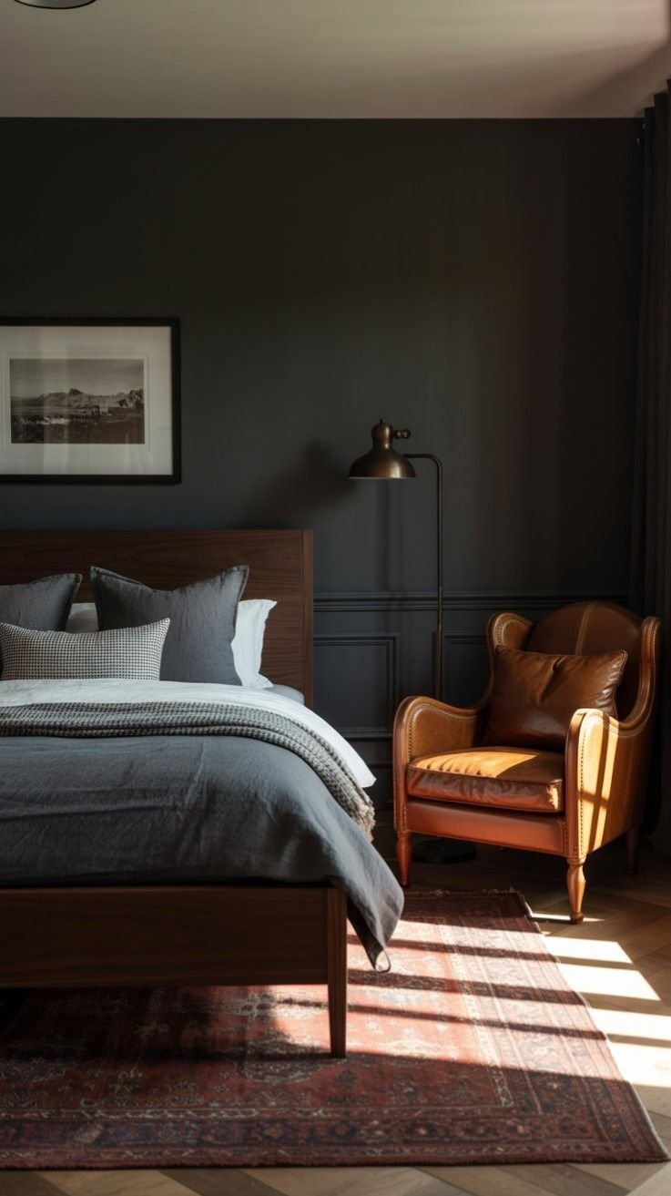 Charcoal bedroom featuring a dark leather armchair, brass floor lamp, and soft textured wall art.