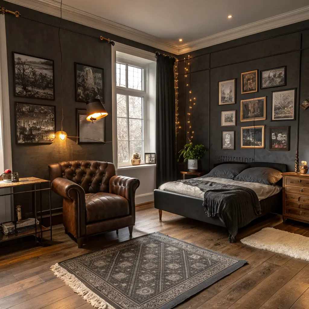 Charcoal bedroom showcasing a gallery wall of black‑frame art, a leather Chesterfield armchair, and a low‑profile side table.
