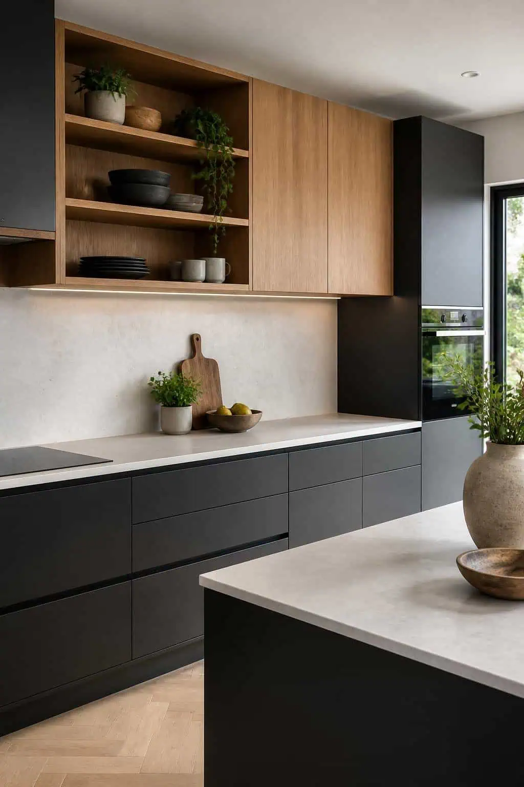 Kitchen layout, charcoal gray base cabinets, warm oak upper shelves, pendant lighting, marble backsplash