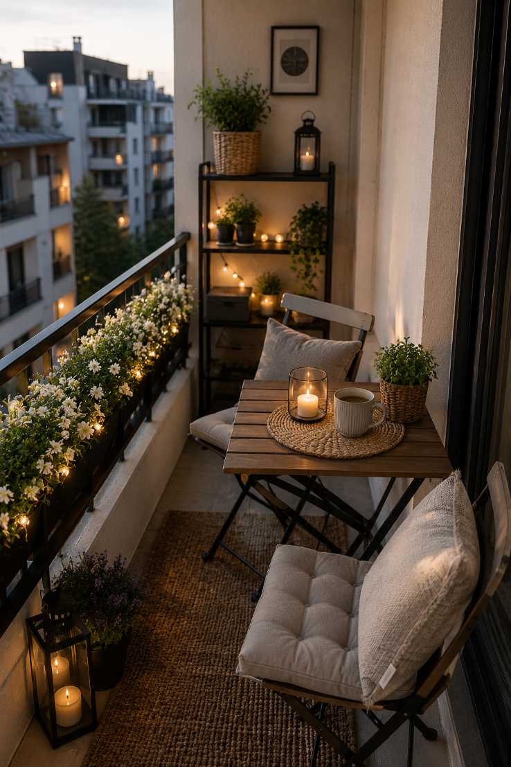 Compact balcony with a petite bistro set, colorful flower boxes on the railing, and pastel cushions.