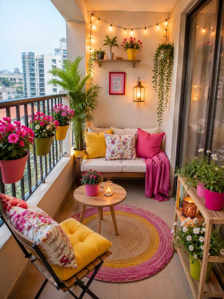 Bright balcony with pink cushion lounge, assorted planters, and a splash of colorful tiles.