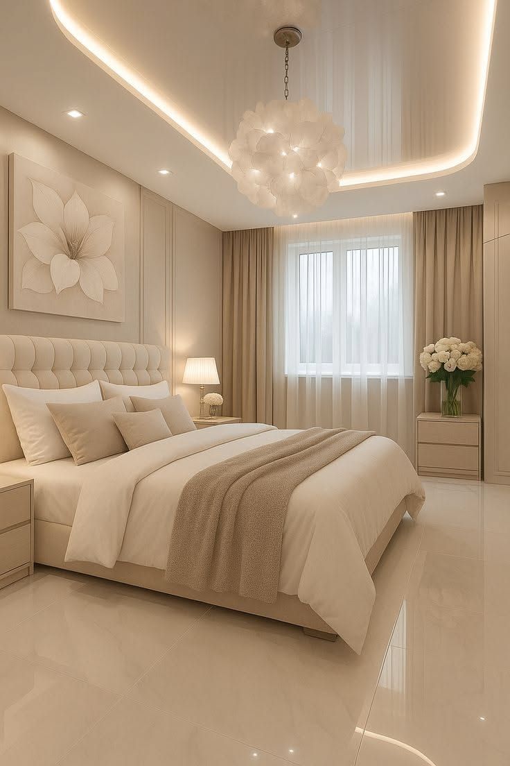 Chic white bedroom oasis illuminated by a sparkling crystal chandelier