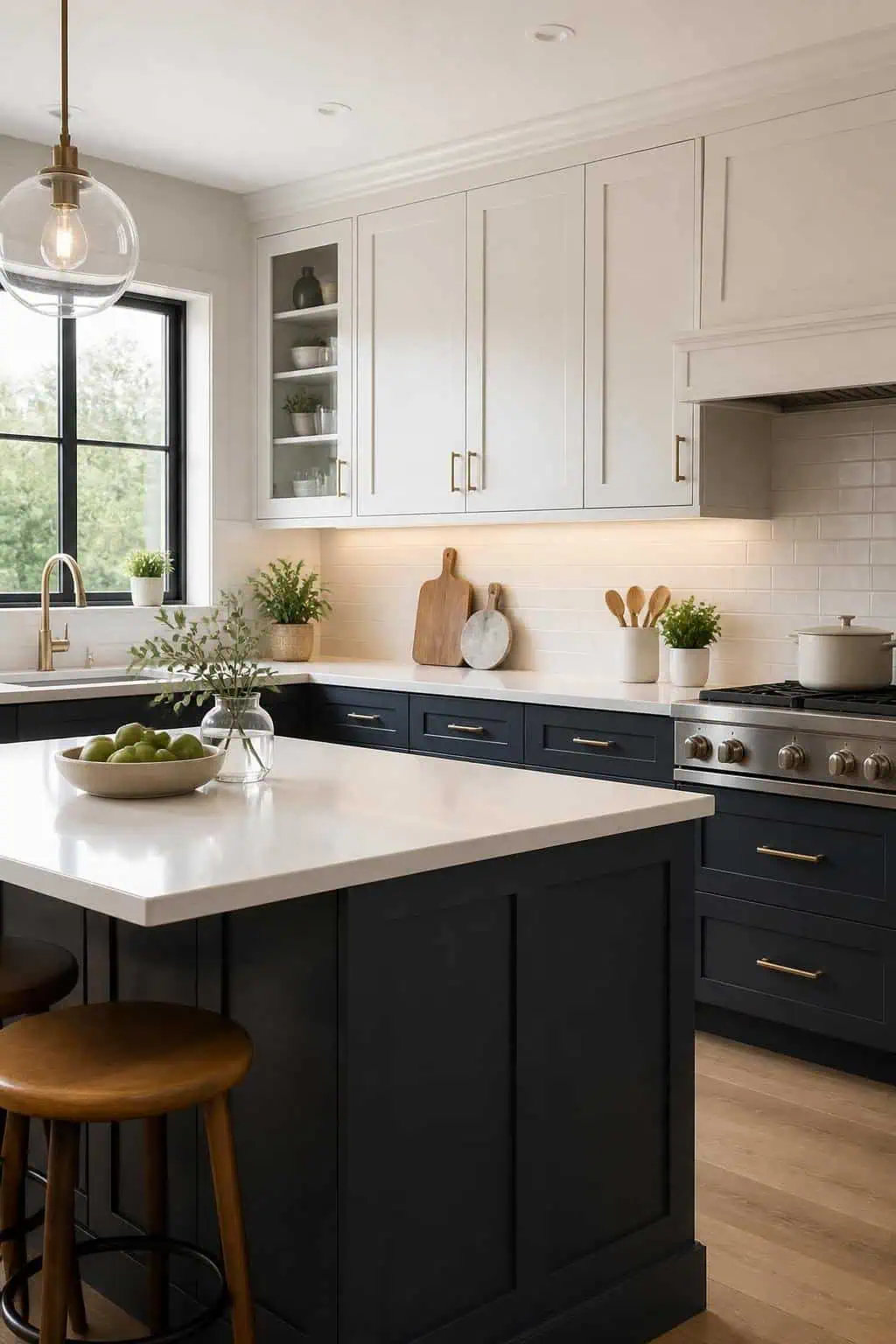 Graphic guide showing color pairings for two toned kitchen cabinets, swatches, layout tips