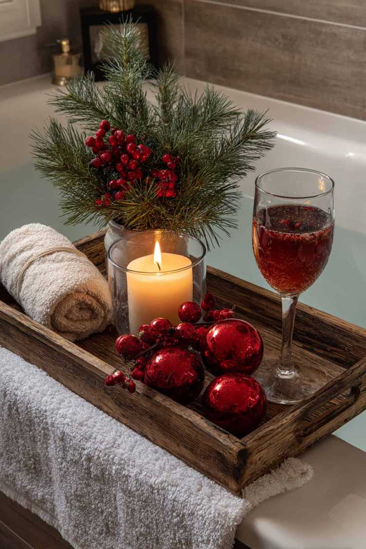 Bath tray with candles, soap, white bathroom, organized holiday display