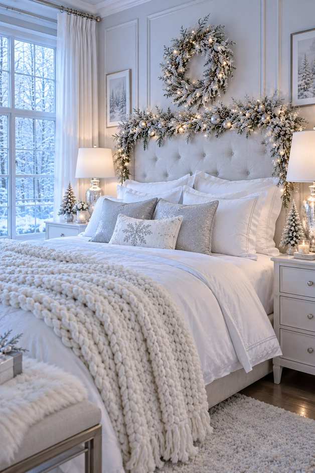 Fresh bedroom with white walls, white bedding, and subtle silver accents