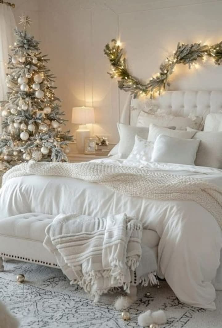 Warm bedroom with peach walls, wooden furniture, and cream bedding