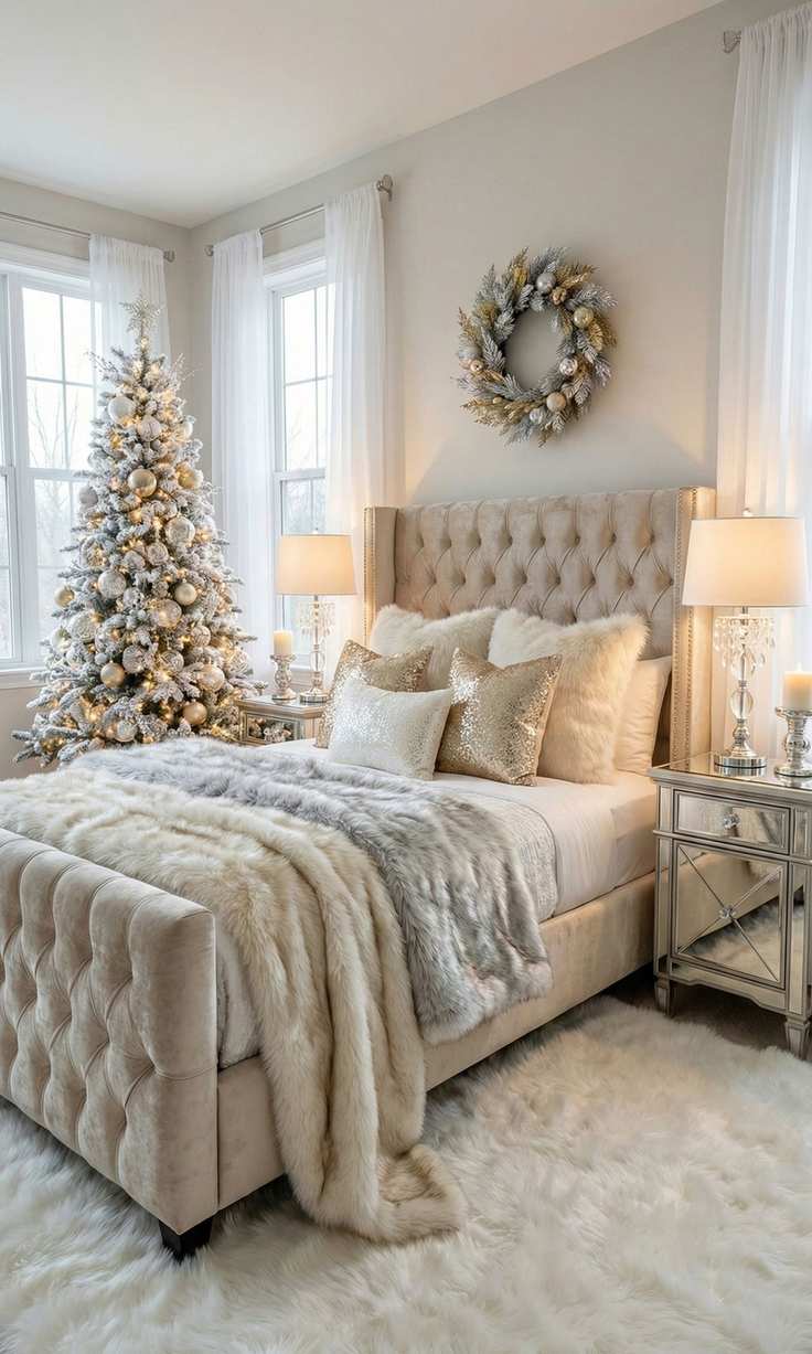 Rich bedroom with burgundy walls, brass accents, and cream bedding