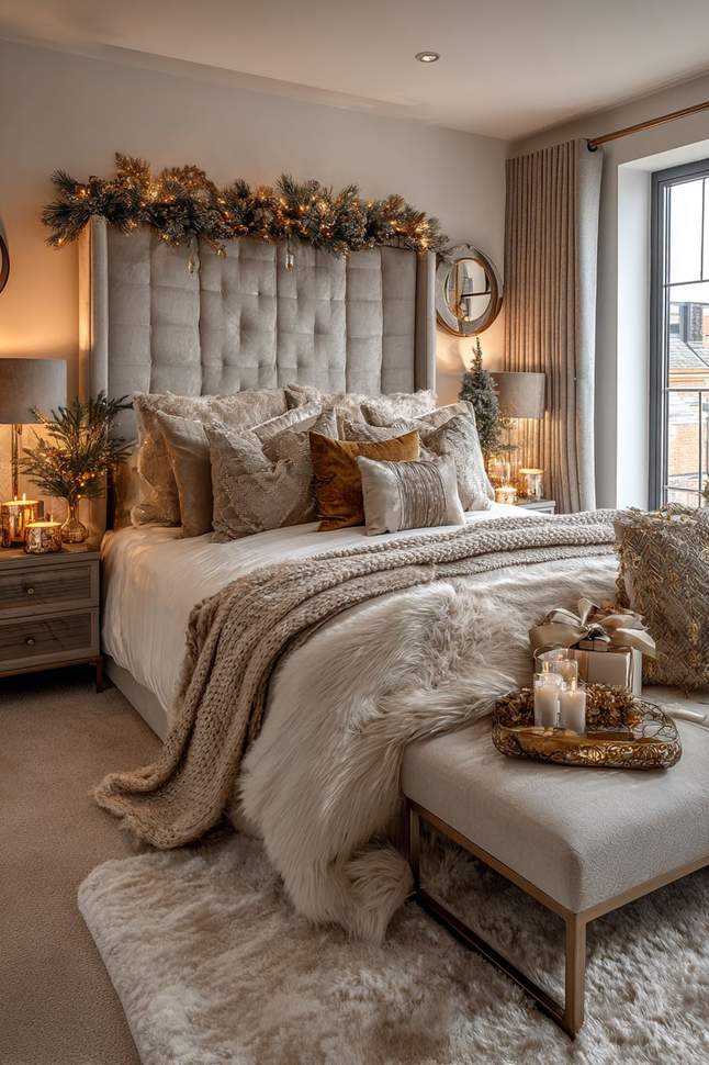 Sunny bedroom with coral walls, cream accents, and white bedding