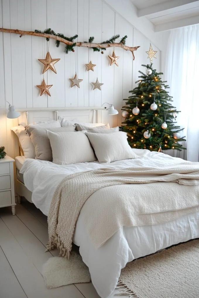 Vintage bedroom with antique mirror, lace trim, dried pine branches, and soft beige walls