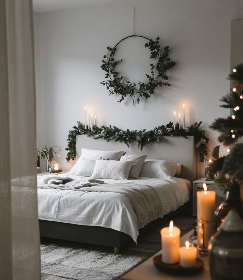 Soft pink bedroom with silver accents, white bedding, and delicate holiday ornaments