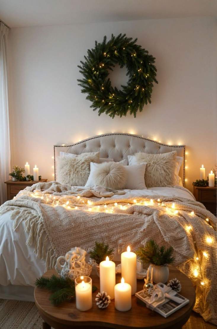 Classic bedroom with cream walls, brown wooden furniture, and warm white bedding