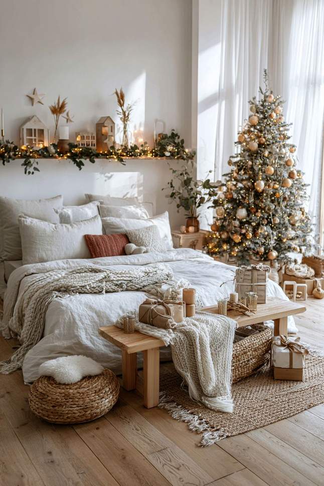 Bedroom with blue denim bedding, wooden nightstands, and warm string lights