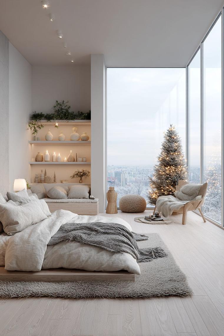 Modern bedroom with charcoal walls, copper accents, and light gray bedding