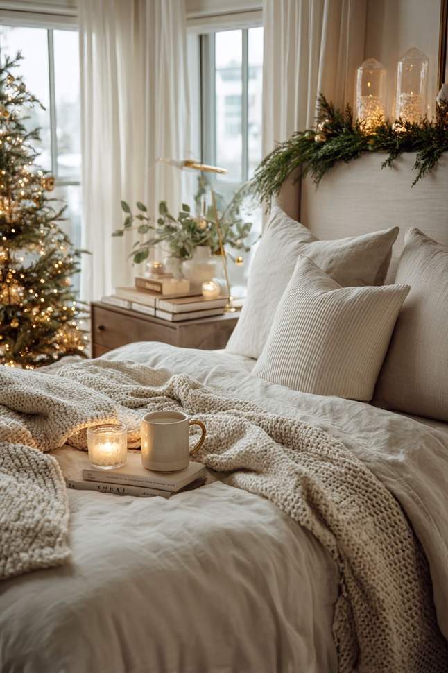 Minimalist white bedroom with frosted glass accents, white bedding, and subtle silver ornaments