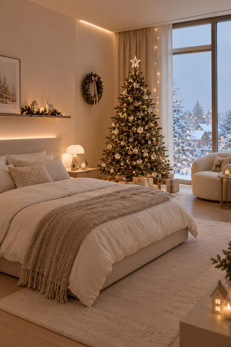 Traditional bedroom with red and white striped bedding, white walls, and red ornaments