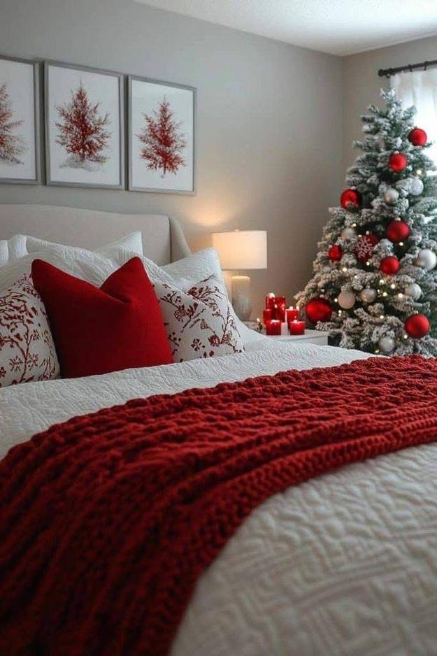 Boho bedroom with macrame wall hanging, rattan furniture, and earthy neutral holiday decor