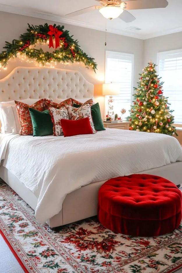 Exotic bedroom with teal walls, gold accents, and white bedding