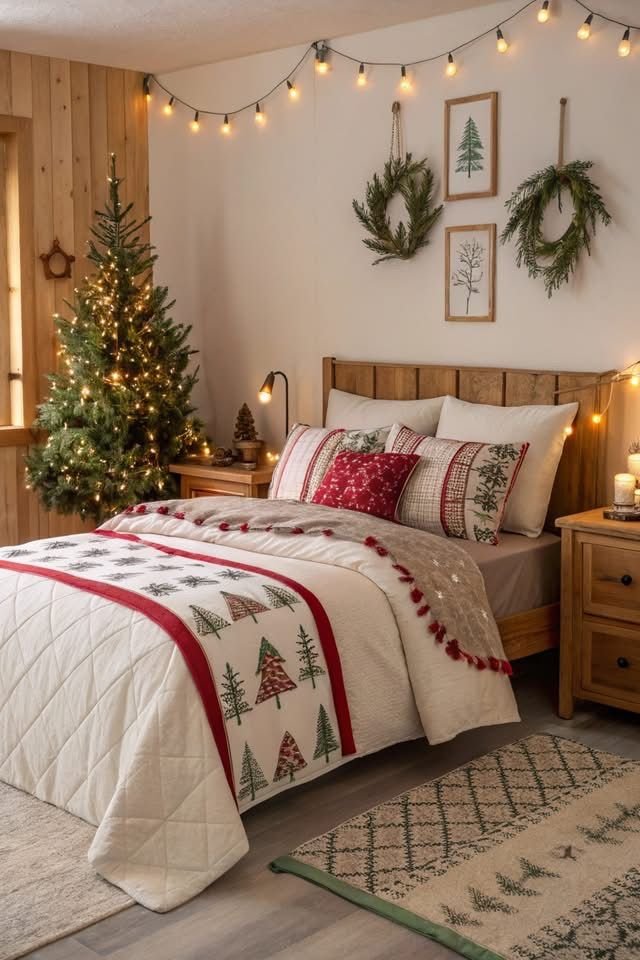 Romantic bedroom with blush pink walls, white bedding, and delicate holiday ornaments
