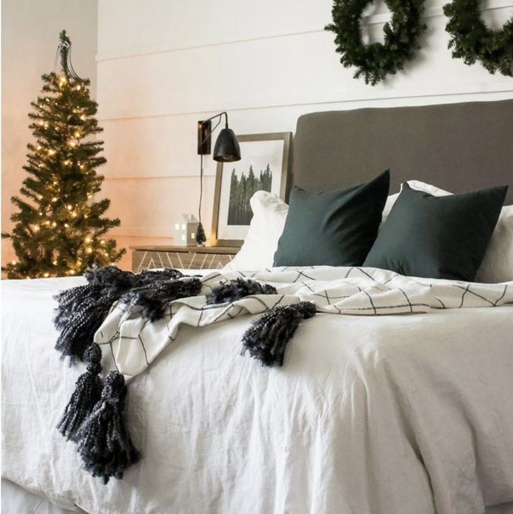 Deep bedroom with indigo walls, silver accents, and white bedding