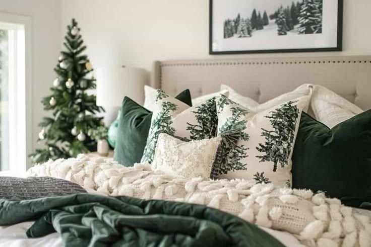 Soft bedroom with mint walls, gray accents, and white bedding