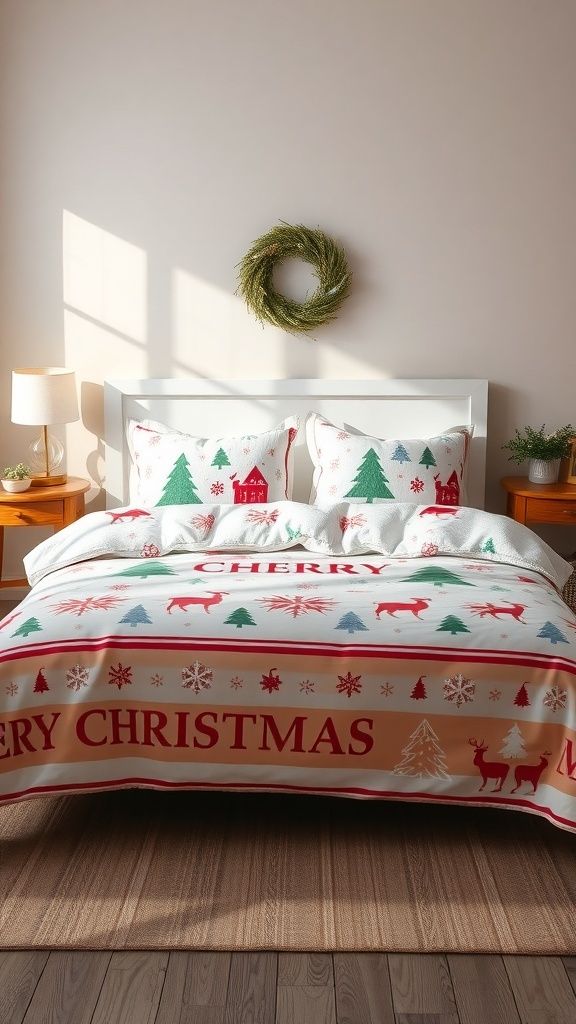 Bed with intricate Christmas bedspread, matching pillows, wooden furniture, and soft natural daylight.