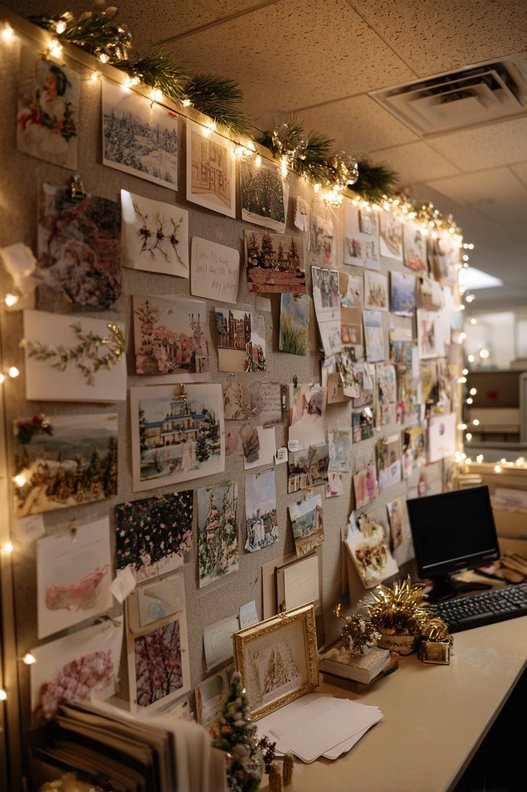 A bulletin board covered in Christmas cards and photos.