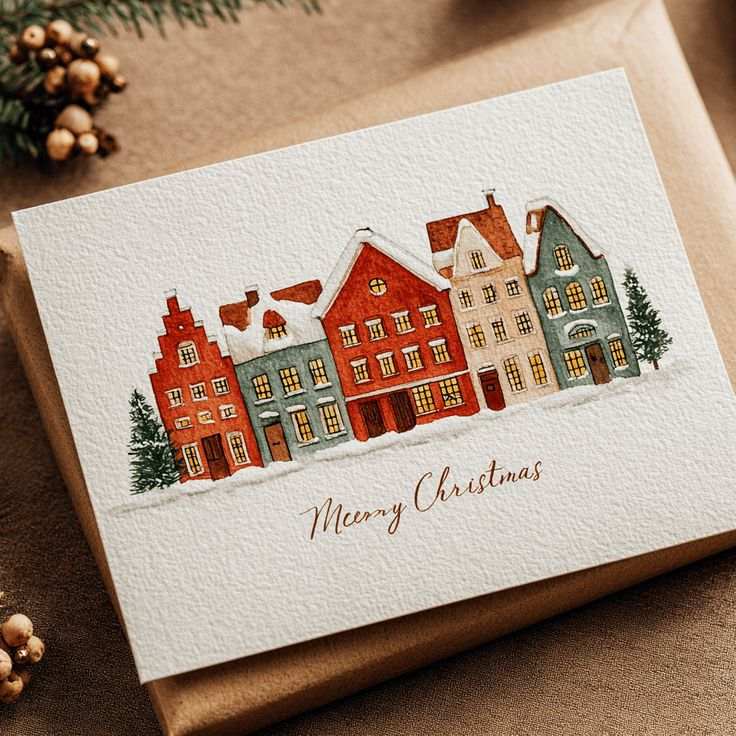 An antique multi-pane wooden window frame holding Christmas cards mounted inside each glass pane.