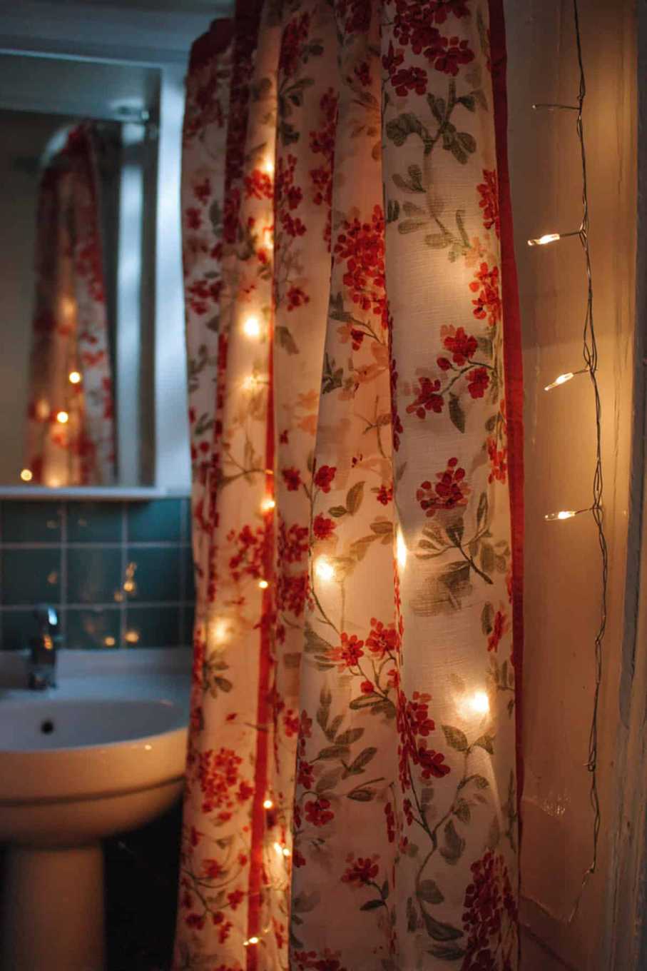 Festive shower curtain, red and white, white bathroom, easy holiday update