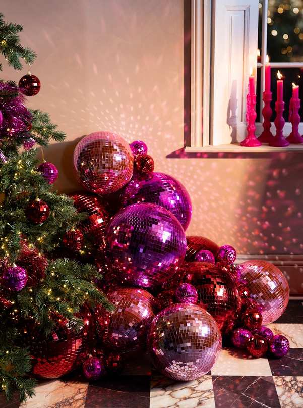 Foyer with deep purple console, rose gold mirror, vibrant lighting
