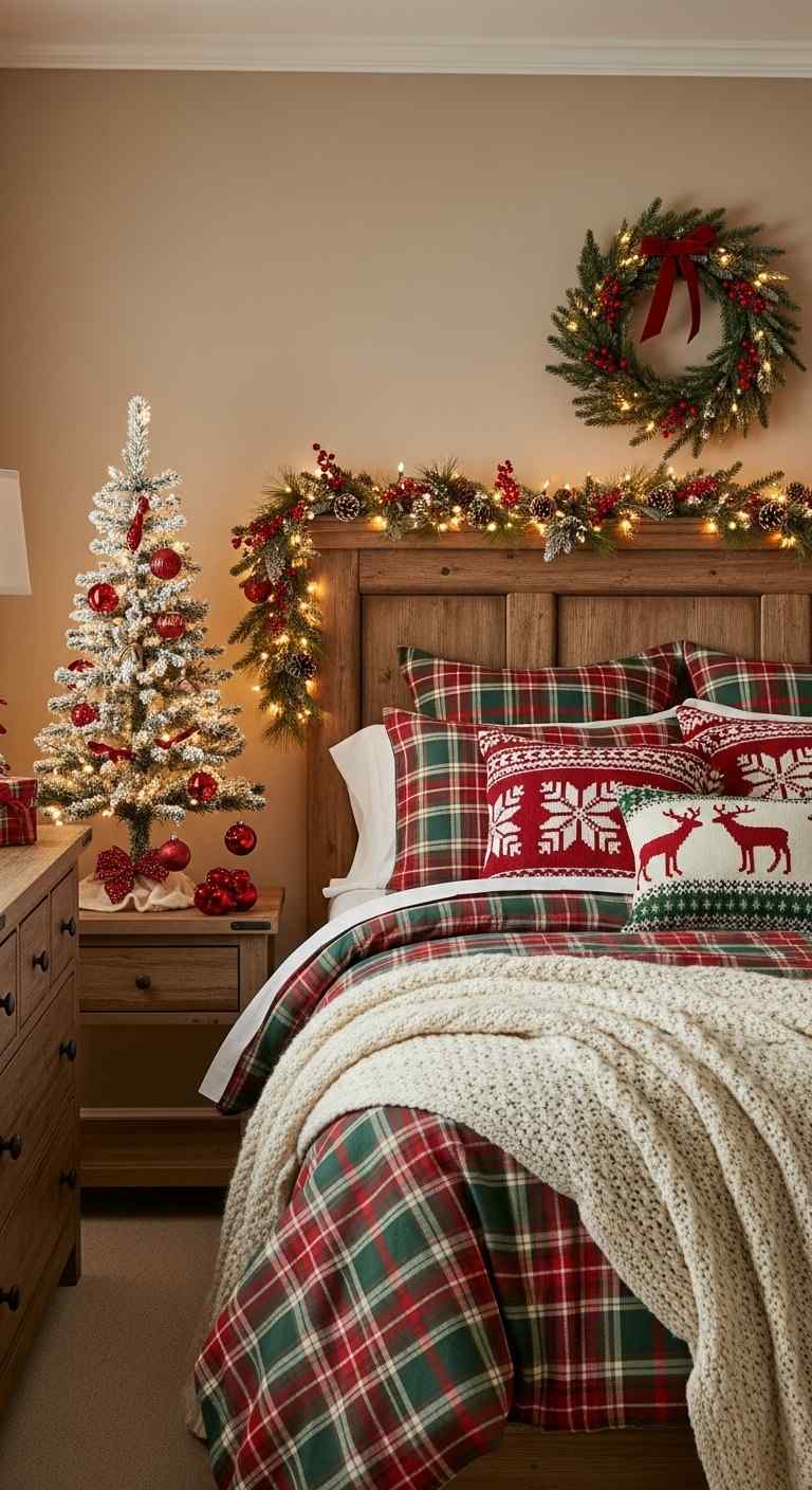 Child's room with soft felt garland, star lights, cozy rug, plush toys, whimsical holiday decor.