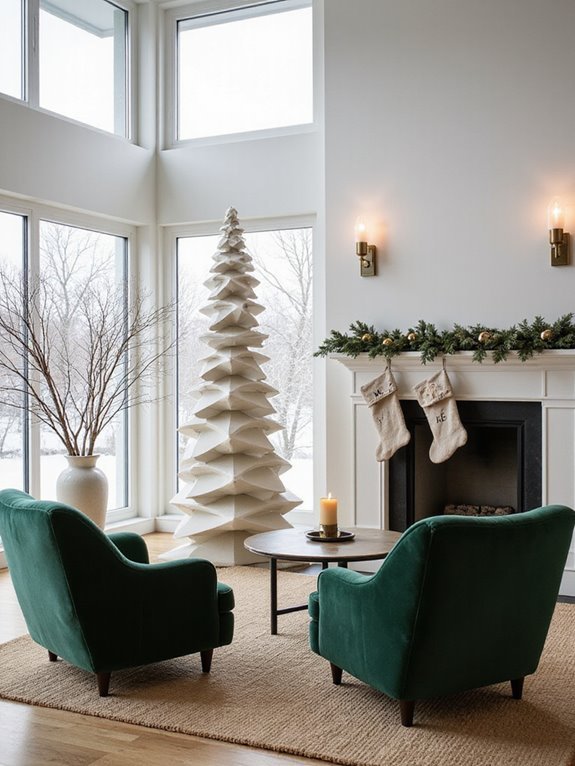 A loft space with metal accents, exposed brick, and a sleek, modern tree with silver ornaments.
