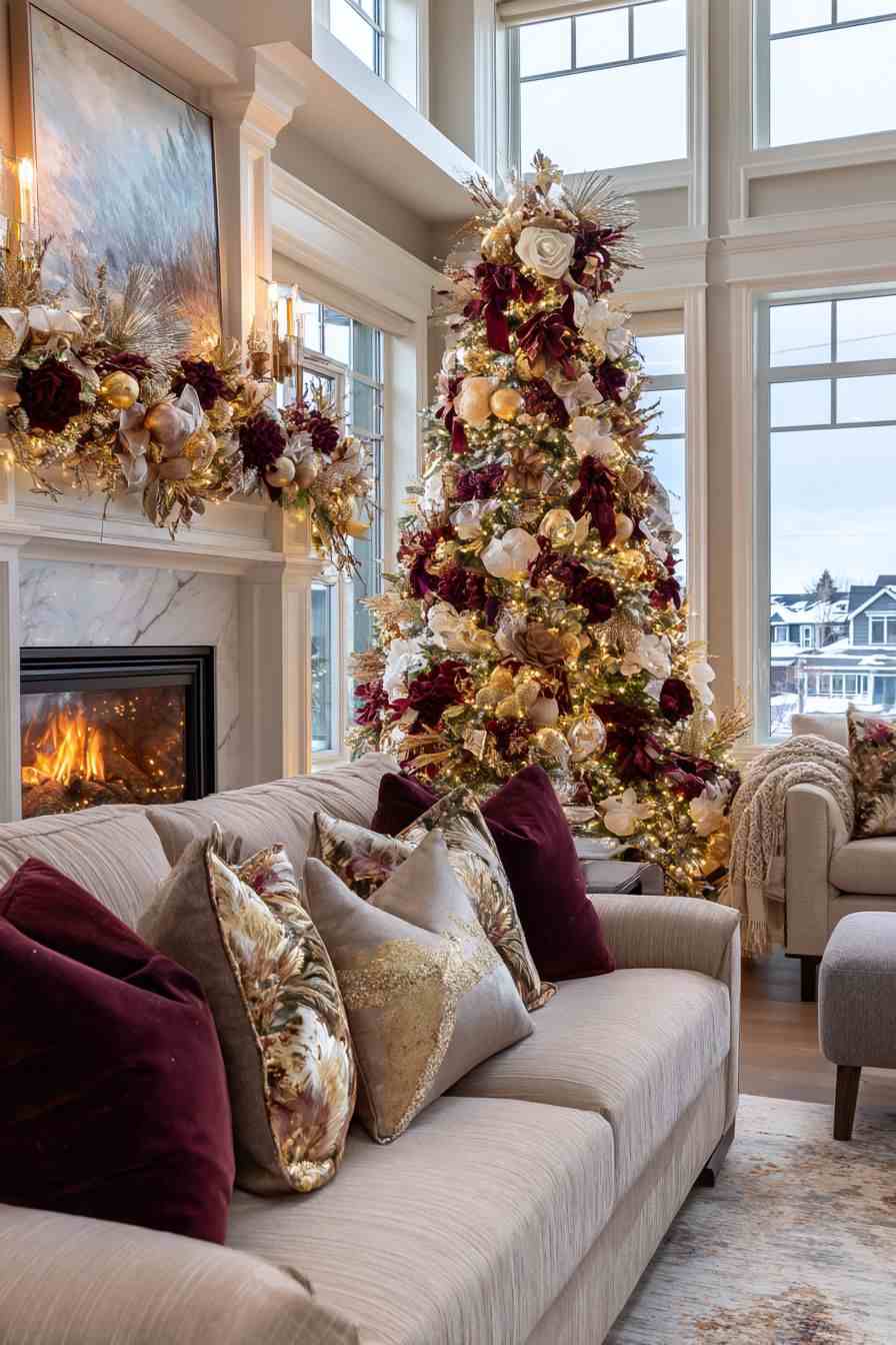 A master bedroom with white linens, a pine wreath over the bed, and warm fairy lights.