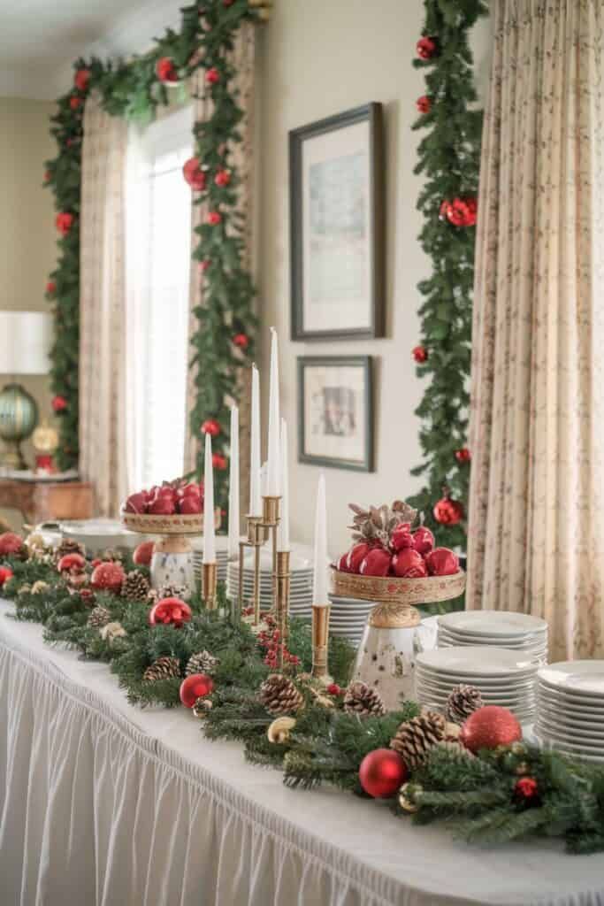 Buffet table draped in green garland, decorated with red apples and pinecones.