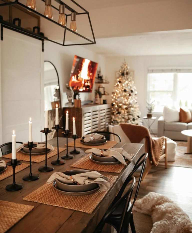 Cozy dining table with black metal candlesticks, white plates, and a lit tree behind.