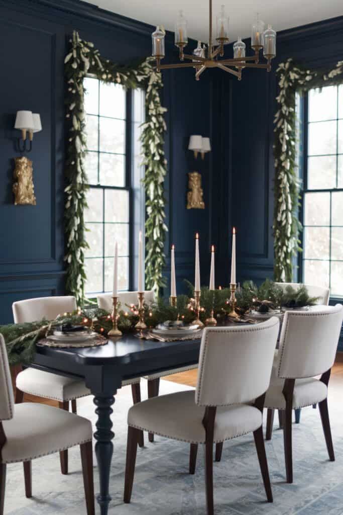 Dark blue dining room with white chairs and pine garland draped around the windows.