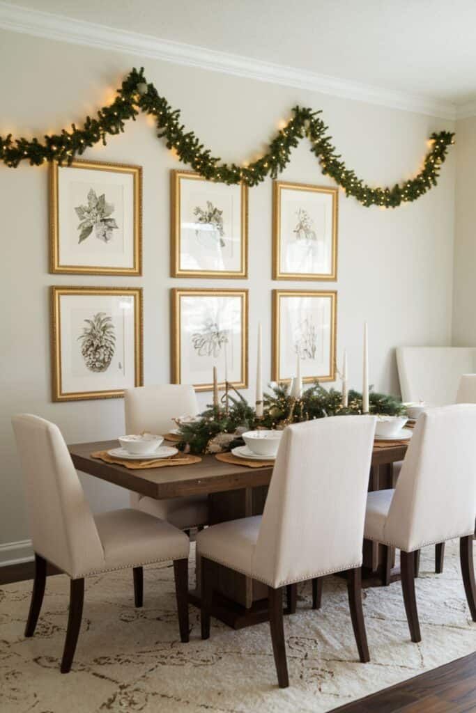 Dining wall with framed botanical prints and a pine garland draped above them.