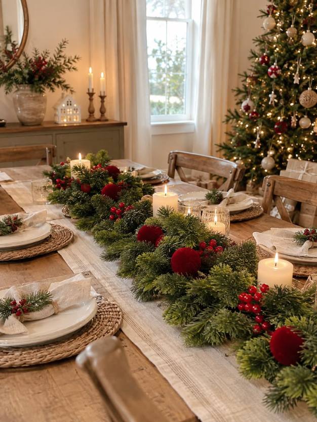 Dining table with dense pine garland, red velvet baubles, and a lit tree.