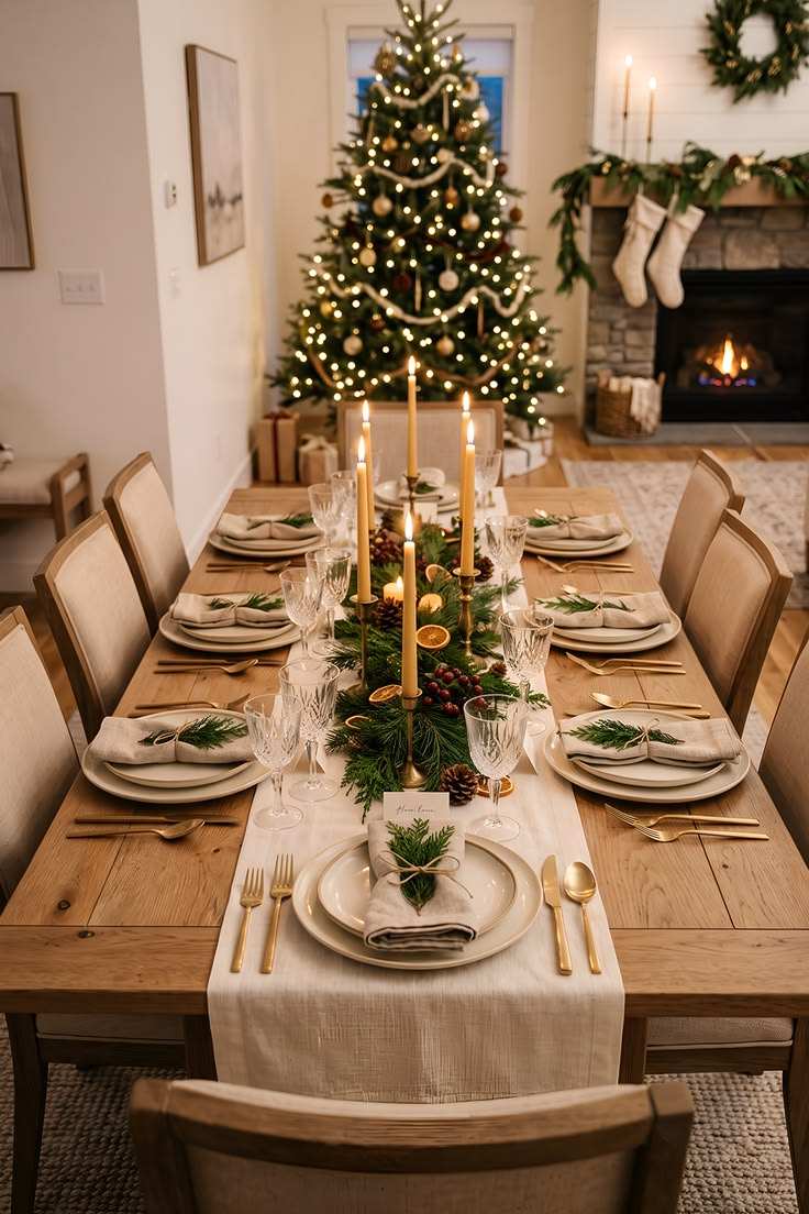 Dining table with gold candlesticks, white plates, and a lit tree in the background.