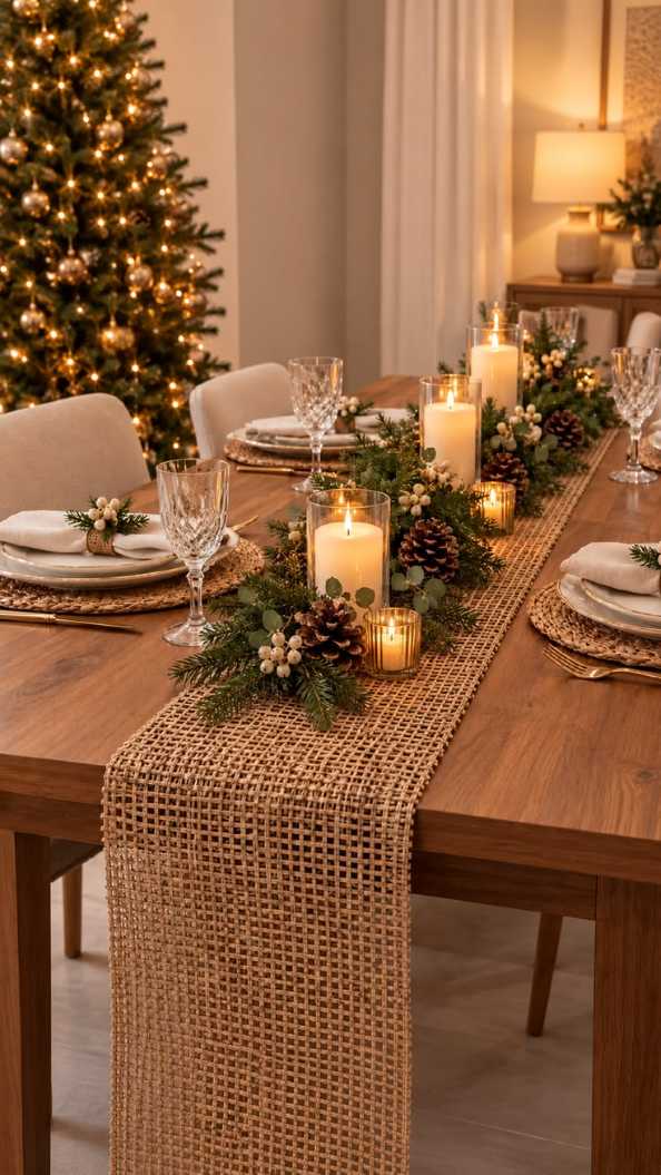 Dining table with pinecone garland and lit candles next to a Christmas tree.