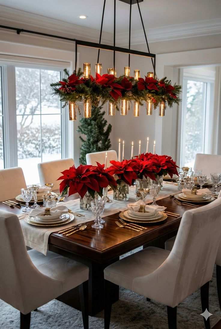 Dining table with red poinsettia centerpiece and gold accents.