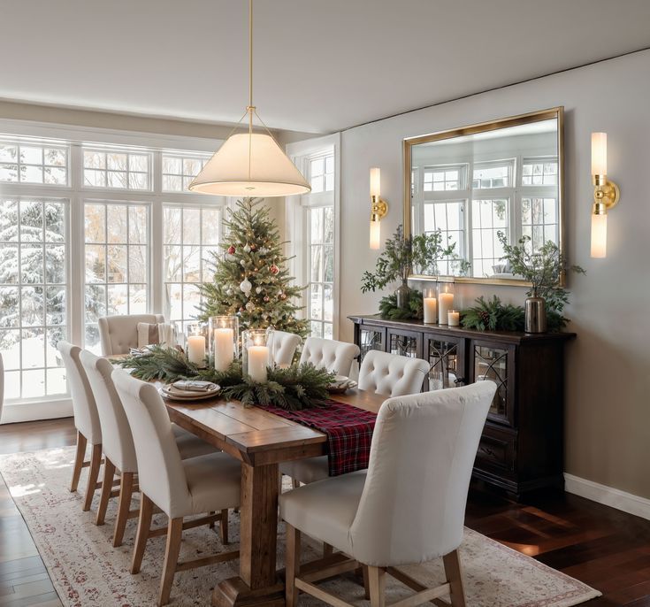 Dining table with white chairs and a lit tree under a chandelier.