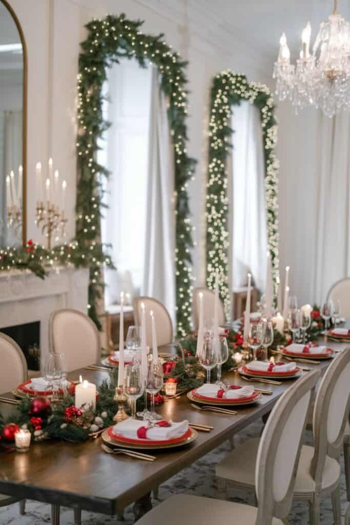 Long dining table with red plates and a lit archway garland.