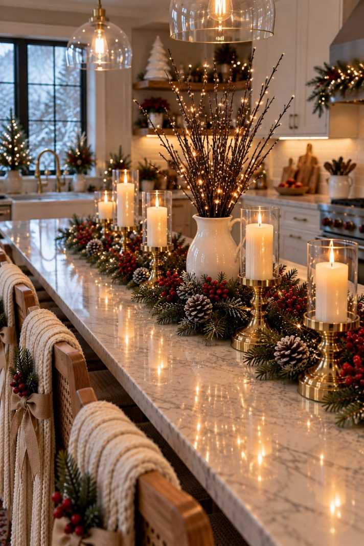 Kitchen island with lit branches, candles, and red berries.