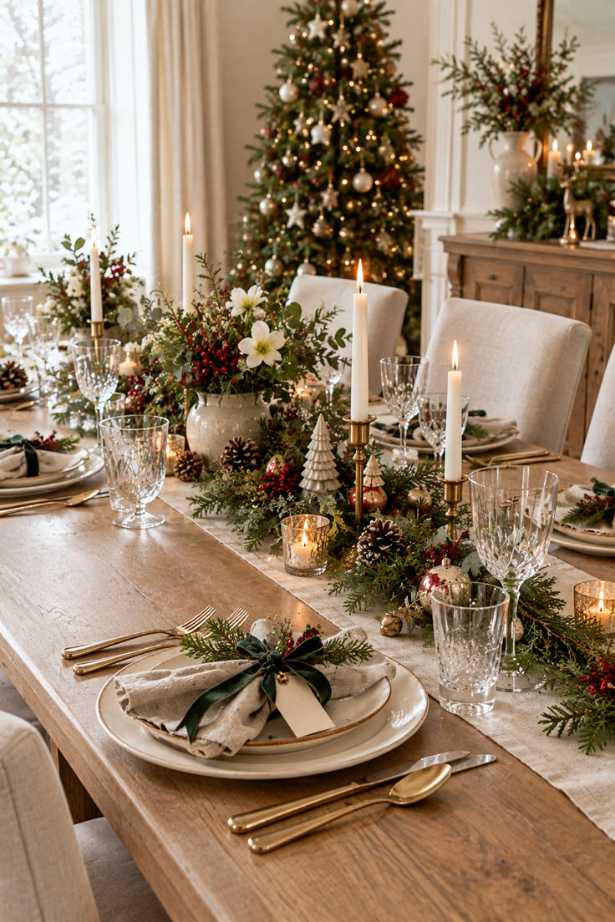 Festive table setting with deep red bows, pine branches, and candles.